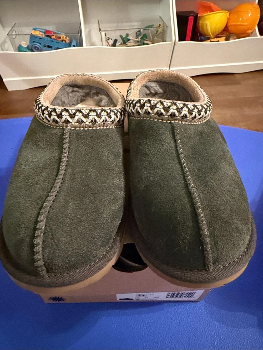 UGG kids Slip-On Suede Loafer in Olive Green with Tan Sole
